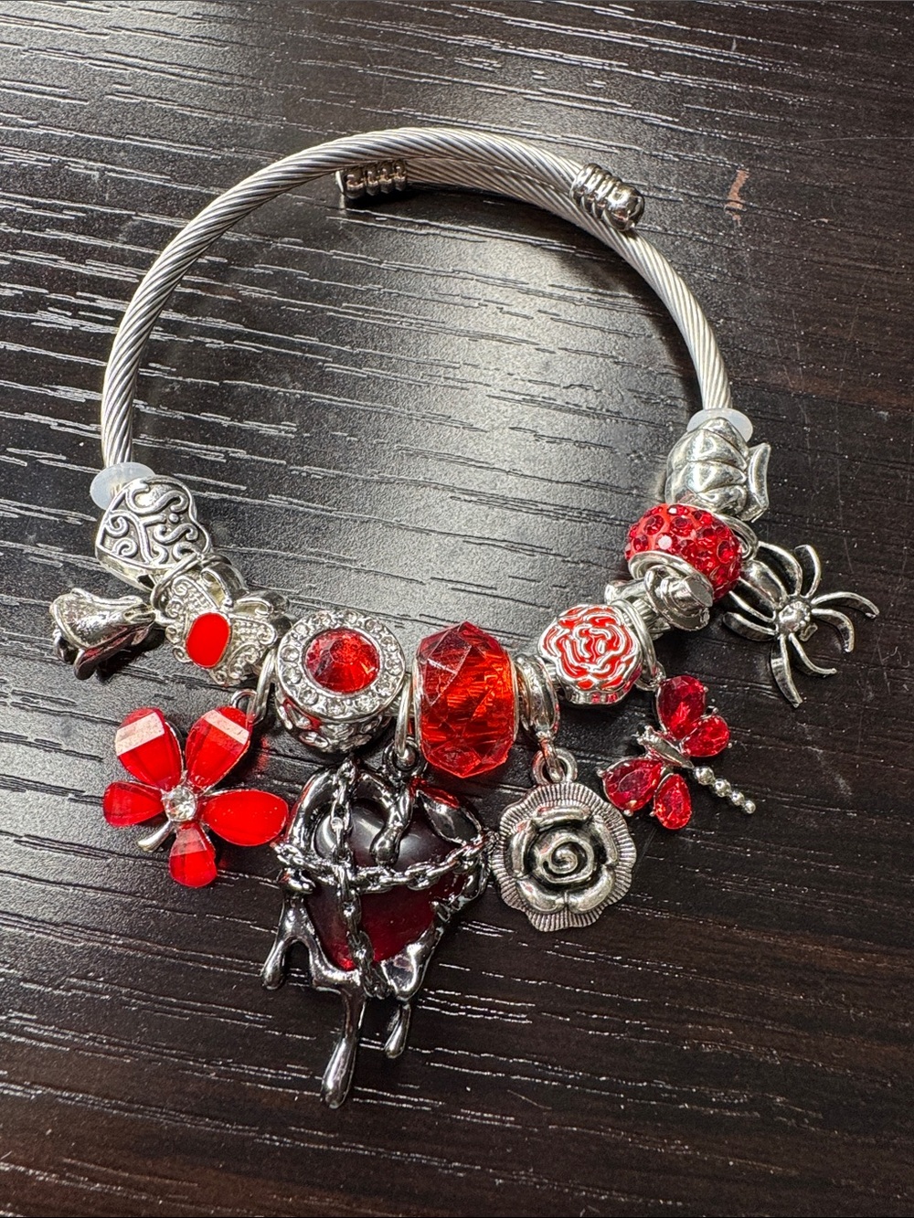 Silver-Tone Red Charm Bangle Bracelet with Floral & Heart Accents